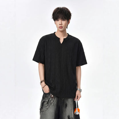 White Textured Hollow-Out V-Neck Short Sleeve T-Shirt for Men