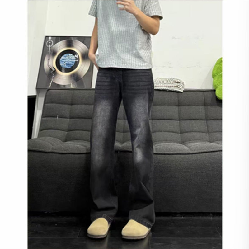 Vintage Blue Slash Denim Pants for Men Washed Straight Leg Slight Flare Jeans