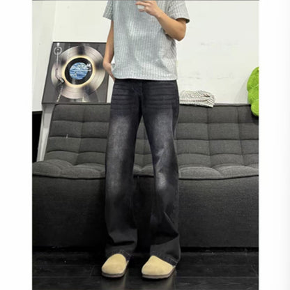 Vintage Blue Slash Denim Pants for Men Washed Straight Leg Slight Flare Jeans