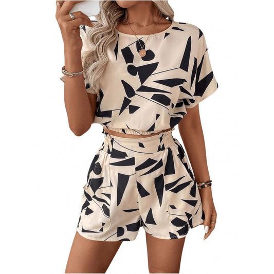 Printed Casual Set Loose Round Neck Short Sleeve Shorts Two-Piece Set