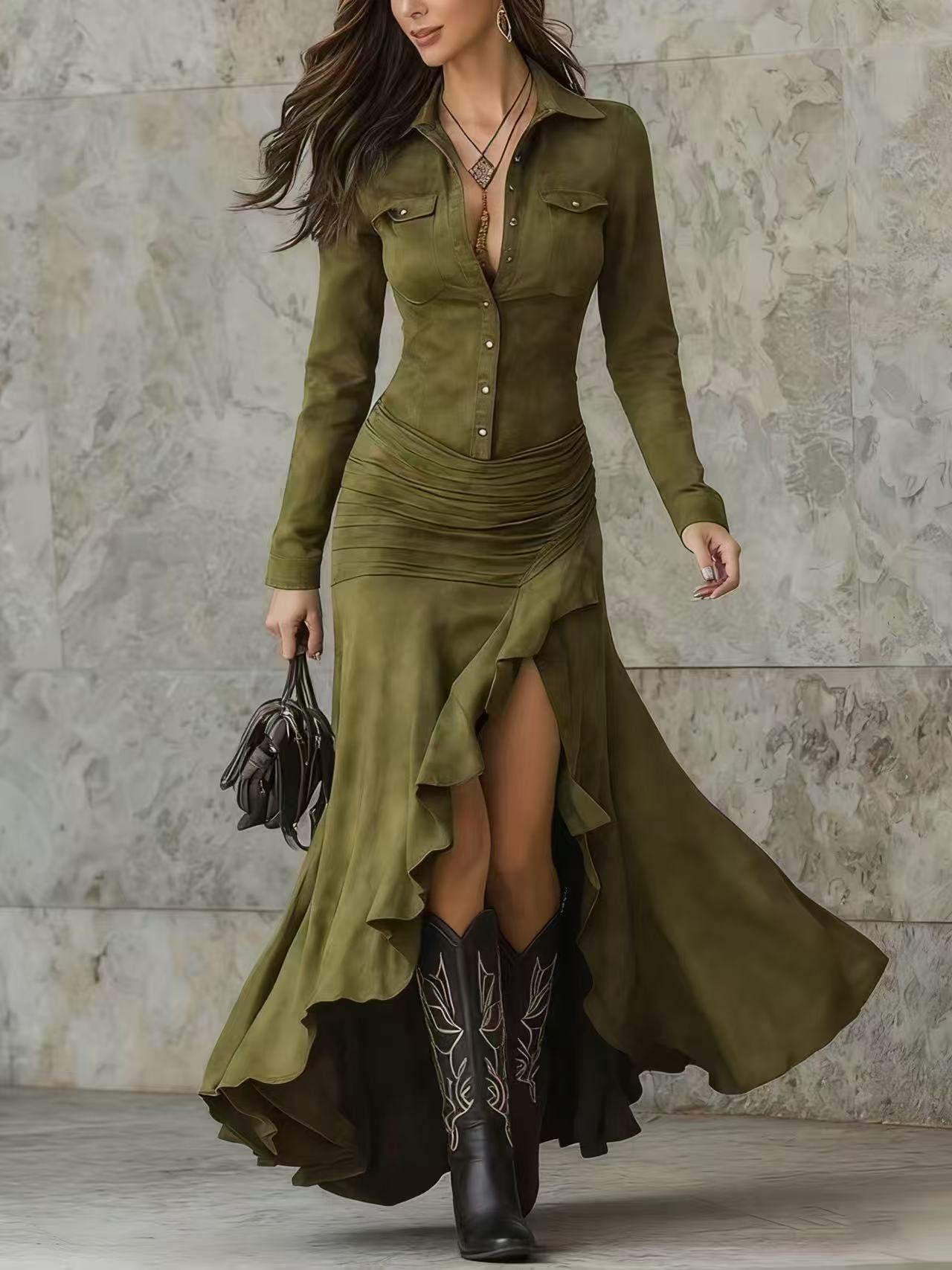 Elegant Zipper Stand Collar Slit Long Dress with Slim Fit