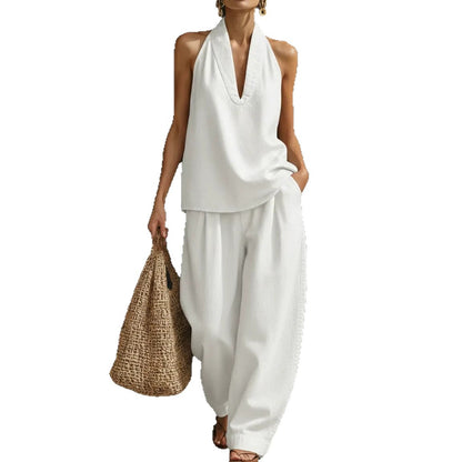 Neck top wide leg pants set