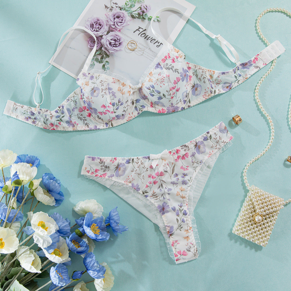Sexy Mesh Printed Underwear Thin Breathable Comfortable Gathering Bra and Panty Set for Women