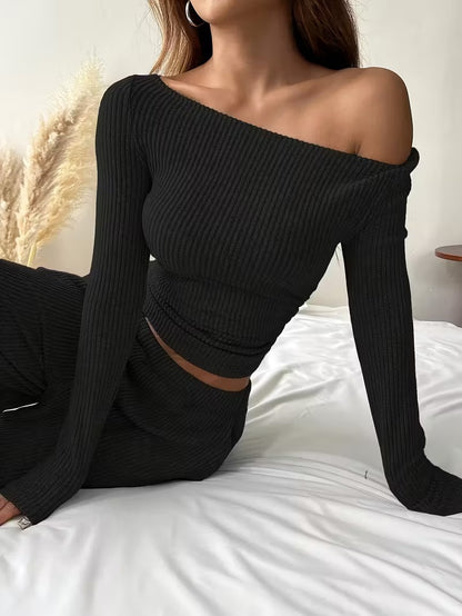 Long Sleeve Crop Top Pants Two-Piece Outfit