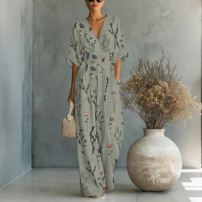 Elegant waist cinched V-neck printed women's jumpsuit