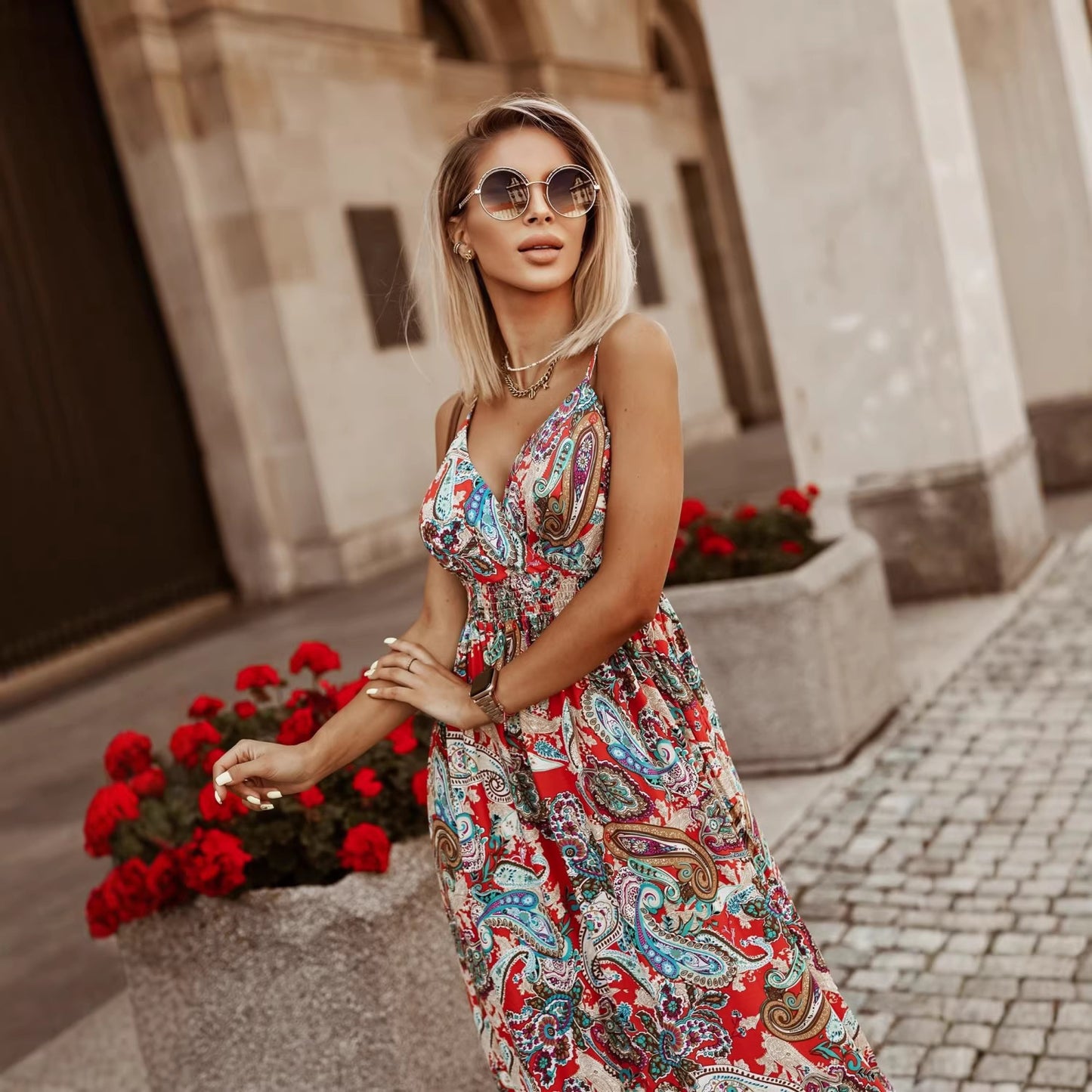 V-neck camisole printed long dress for women