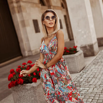 V-neck camisole printed long dress for women