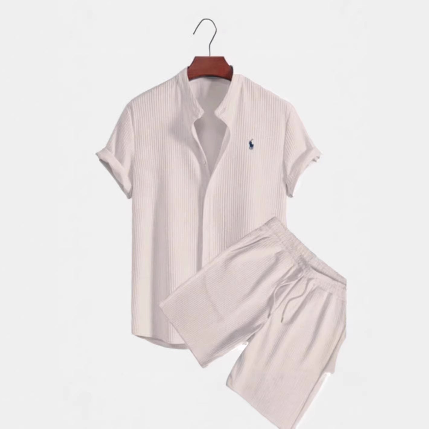 Summer Men's Casual Loose Short-Sleeve Shirt and Shorts Set, Ice Silk Material