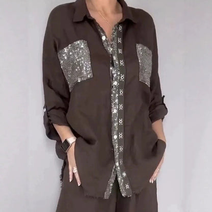New Fashion Casual Women's Set with Pocket Placket and Gold Embellished Round Neck Design