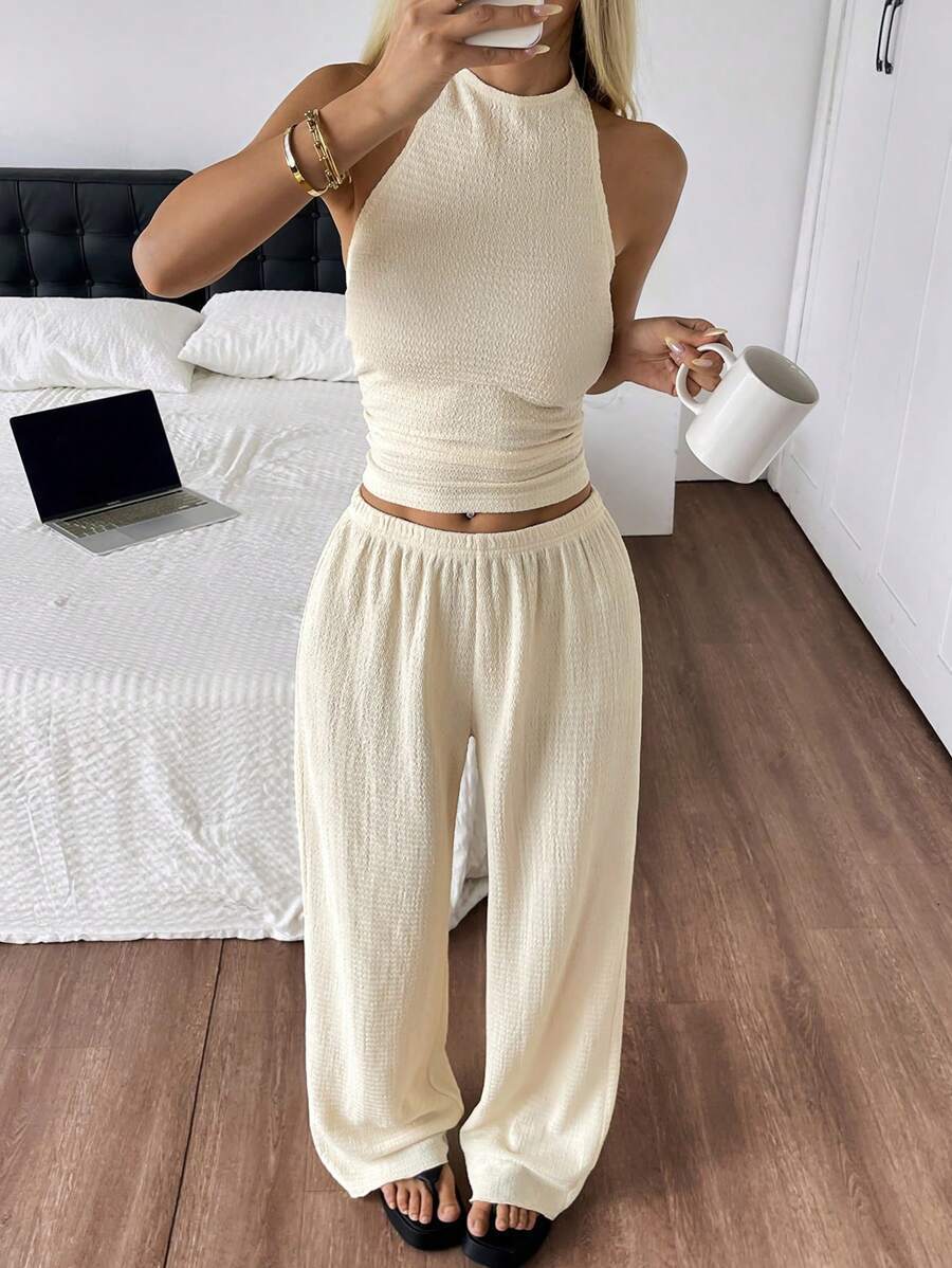Women's Strapless Top with Wide-Leg Pants Casual Two-Piece Set