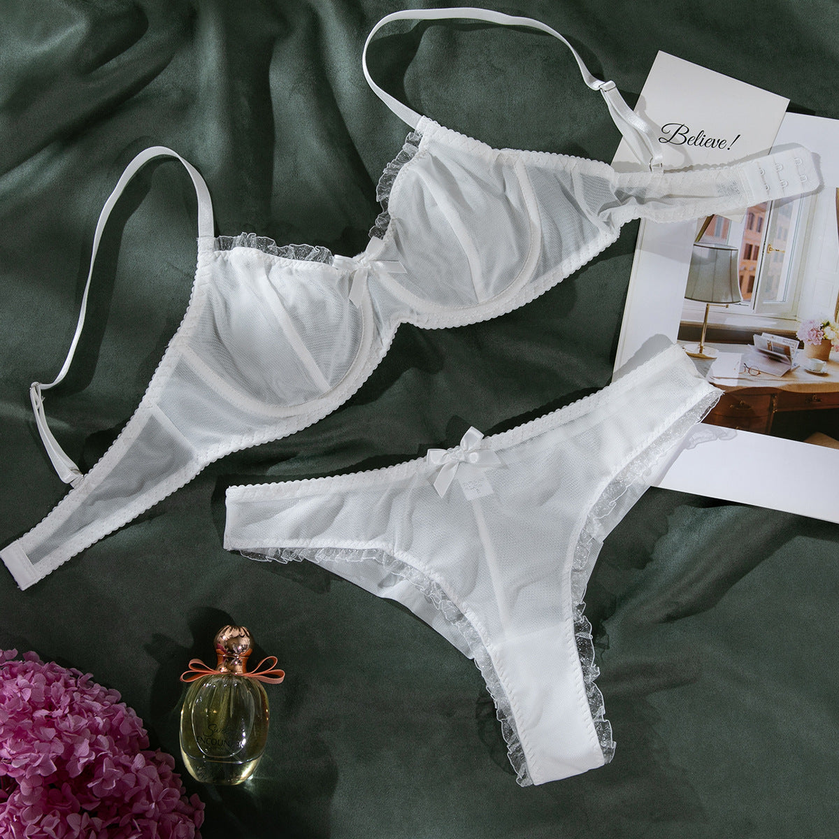 Sexy Mesh Printed Underwear Thin Breathable Comfortable Gathering Bra and Panty Set for Women