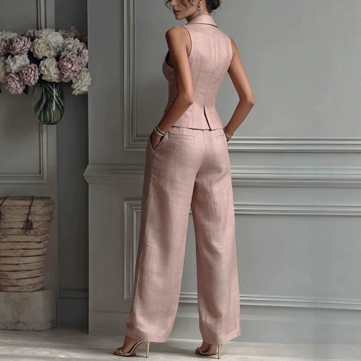 Flip collar single breasted vest long pants two-piece set