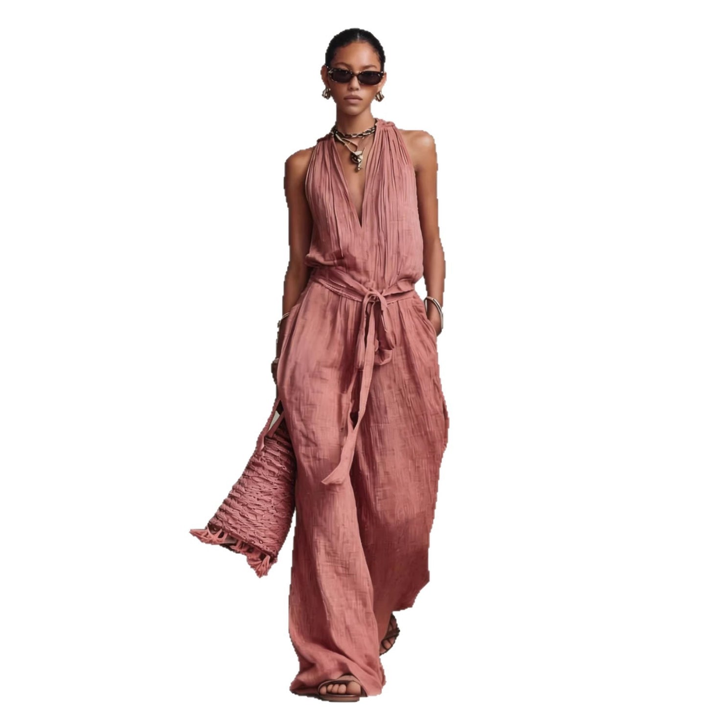 Long Sleeve Women's Jumpsuit with Belted Design Casual V-Neck Sleeveless Jumpsuit