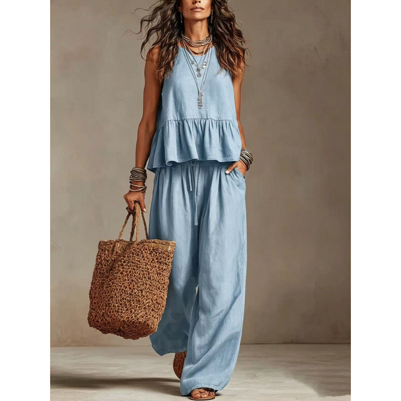 Simple Casual Cotton Linen Ruffle Sleeveless Wide Leg Set Women's Two-Piece Outfit