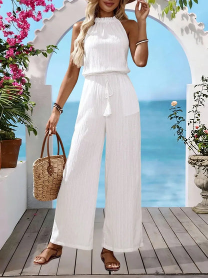 Solid Color Sleeveless Halter Neck Backless Drawstring Waist Wide Leg Jumpsuit