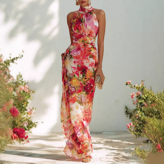 Elegant Floral Strapless Sleeveless Fitted Chiffon Dress