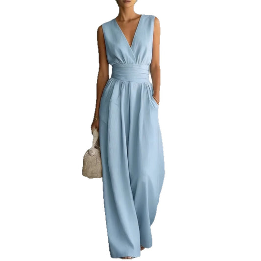 Sleeveless waist cinched V-neck women's jumpsuit