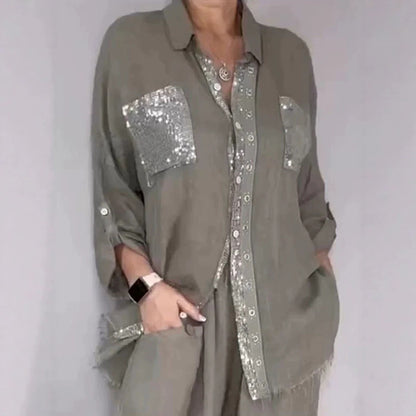 New Fashion Casual Women's Set with Pocket Placket and Gold Embellished Round Neck Design