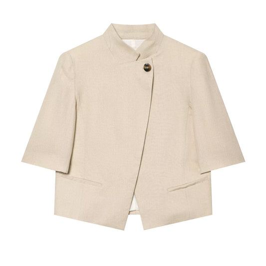 Stand collar linen blend short sleeved suit jacket