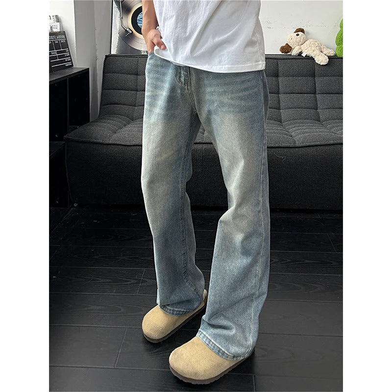 Vintage Blue Slash Denim Pants for Men Washed Straight Leg Slight Flare Jeans