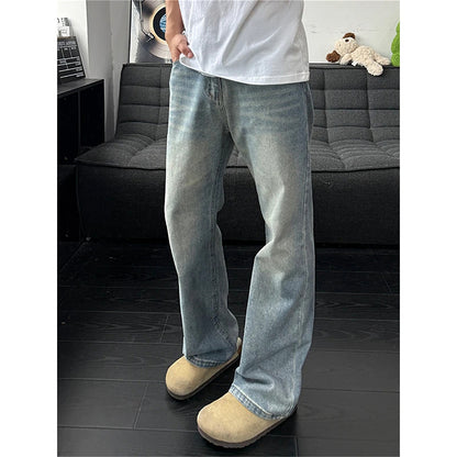 Vintage Blue Slash Denim Pants for Men Washed Straight Leg Slight Flare Jeans