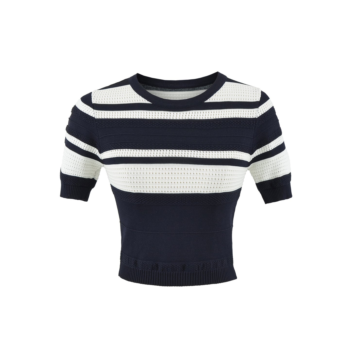 Striped Color-block Knit Set for Women, Round Neck Short Sleeve High Waist Top, Elegant Fitted Bodycon Mini Skirt