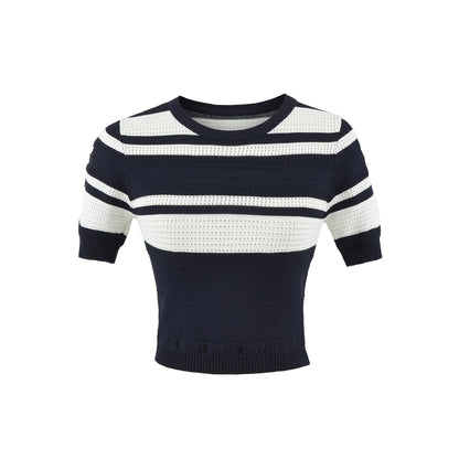 Striped Color-block Knit Set for Women, Round Neck Short Sleeve High Waist Top, Elegant Fitted Bodycon Mini Skirt