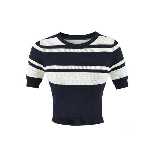Striped Color-block Knit Set for Women, Round Neck Short Sleeve High Waist Top, Elegant Fitted Bodycon Mini Skirt