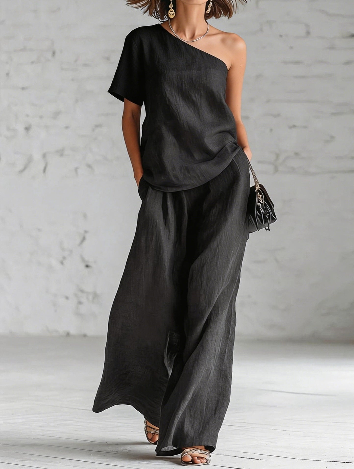 Fashionable Off-Shoulder Top and Wide-Leg Pants Casual Outfit Set