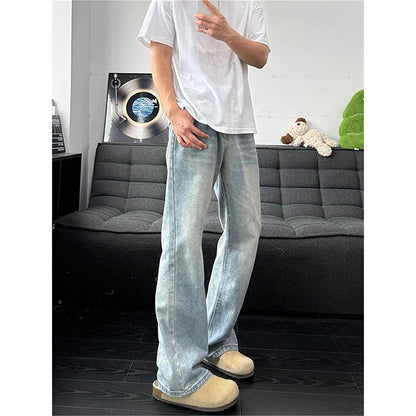 Vintage Blue Slash Denim Pants for Men Washed Straight Leg Slight Flare Jeans