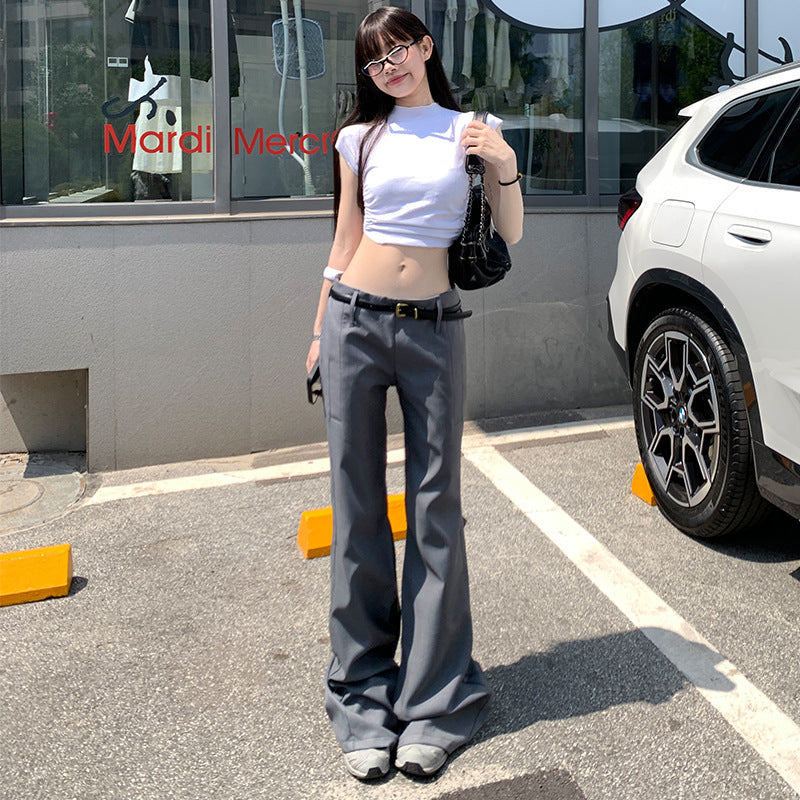 Grey Spicy Low-Waist Flared Casual Trousers for Women Slimming Vertical Feel Suit Pants Summer Thin Style