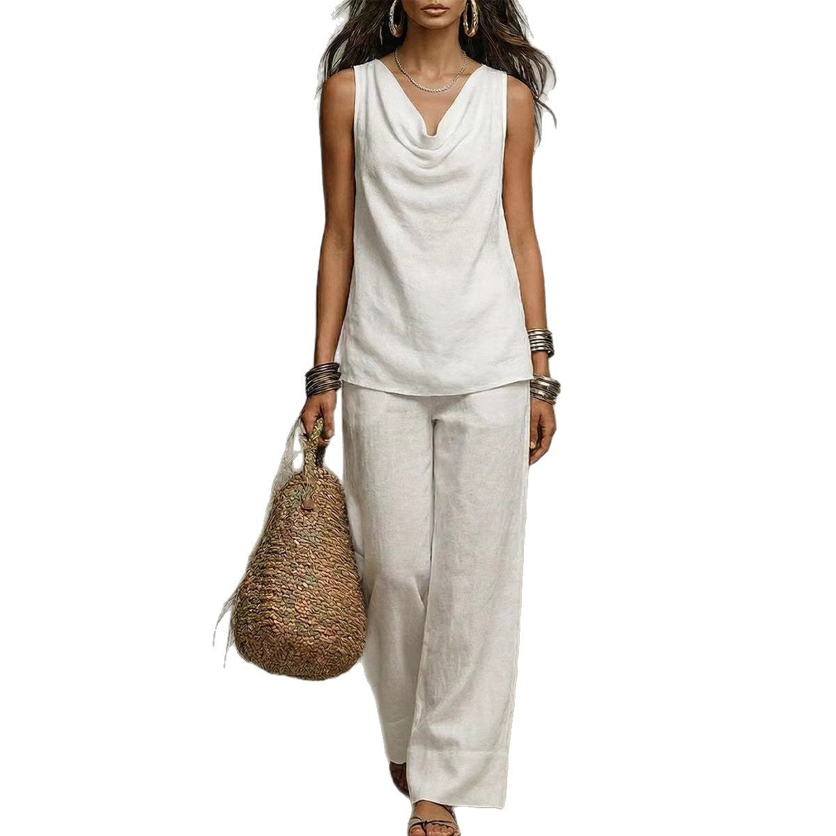 New Women's Fashion Casual Set, Pure Color V-Neck Top Outfit for Market