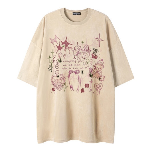 Graffiti teddy bear printed short sleeved shirt