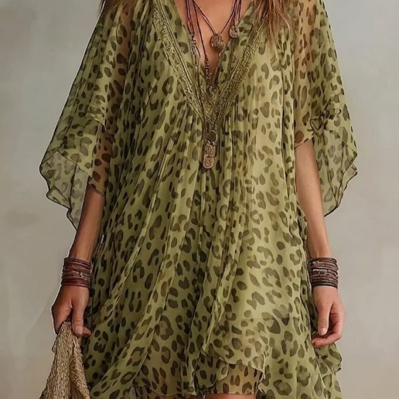 V-neck chiffon dress beach vacation cover shirt leopard print beach skirt