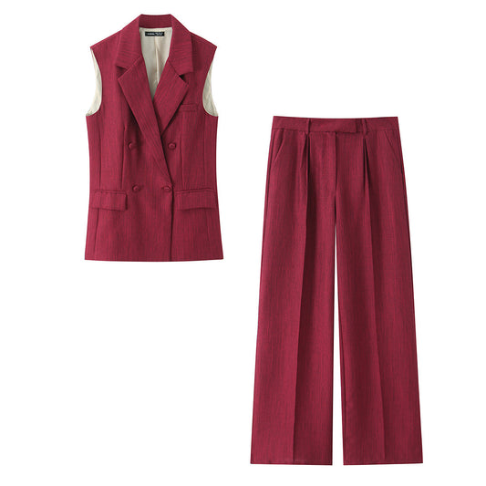 Elegant imitation linen two tone vest pants set