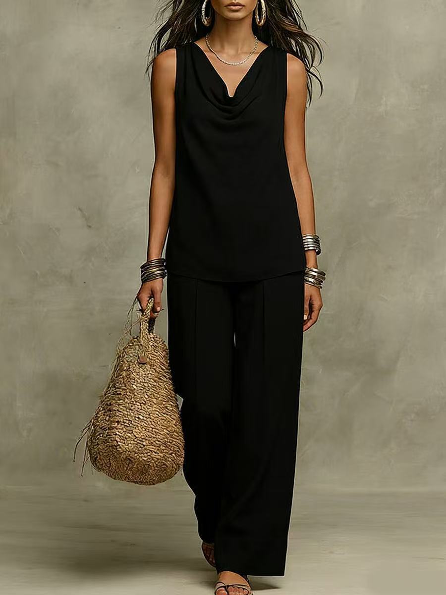 New Women's Fashion Casual Set, Pure Color V-Neck Top Outfit for Market
