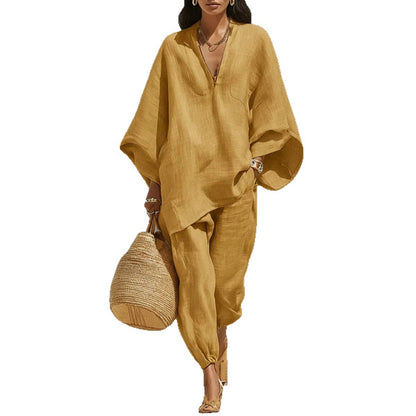 Spring Casual Loose Solid Color Shirt Women's Set