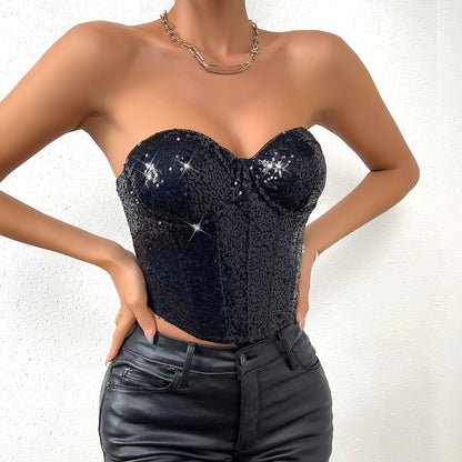 Sexy Nightclub Streetwear Halter  Beaded Zipper Heavy Work Tube