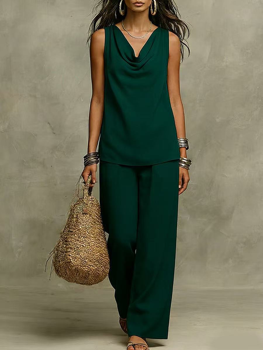 New Women's Fashion Casual Set, Pure Color V-Neck Top Outfit for Market