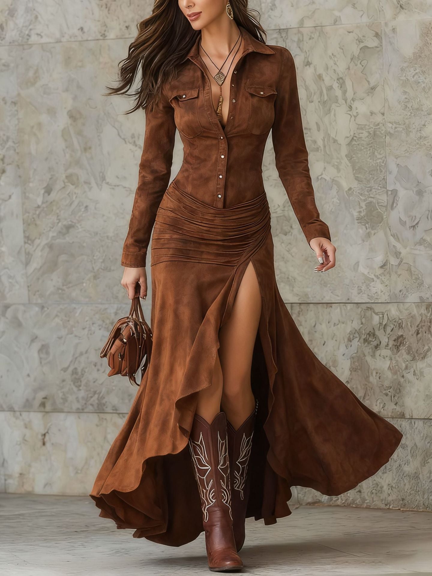Elegant Zipper Stand Collar Slit Long Dress with Slim Fit