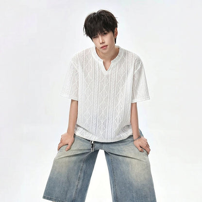 White Textured Hollow-Out V-Neck Short Sleeve T-Shirt for Men