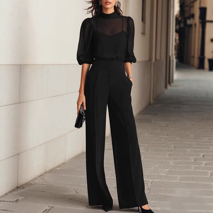 Printed Short Sleeve Wide Leg Pants Three-Piece Set for Women Summer Fashion Slim Fit Outfit