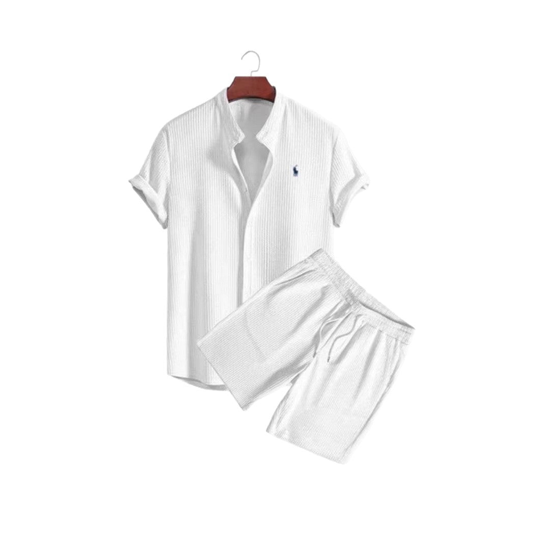 Summer Men's Casual Loose Short-Sleeve Shirt and Shorts Set, Ice Silk Material