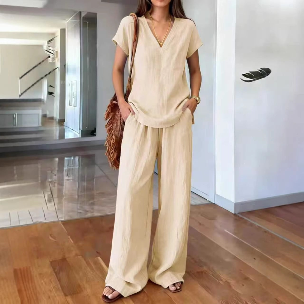 Clothing  Solid Color Women's Fashion Set V-Neck Short Sleeve Long Pants Casual Two-Piece Set