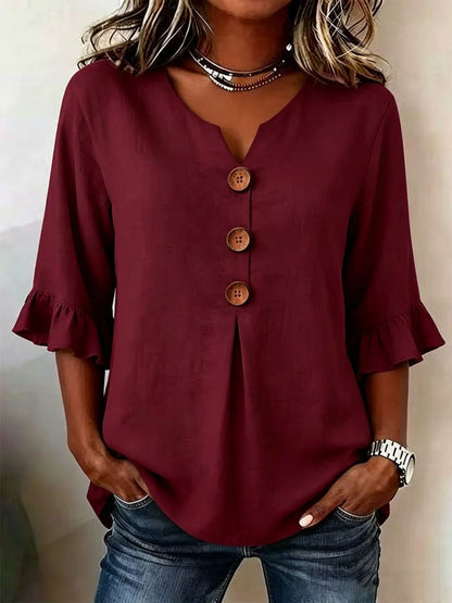 Fashionable Cotton Linen V-Neck Button-Up Blouse for Women Summer Casual Top
