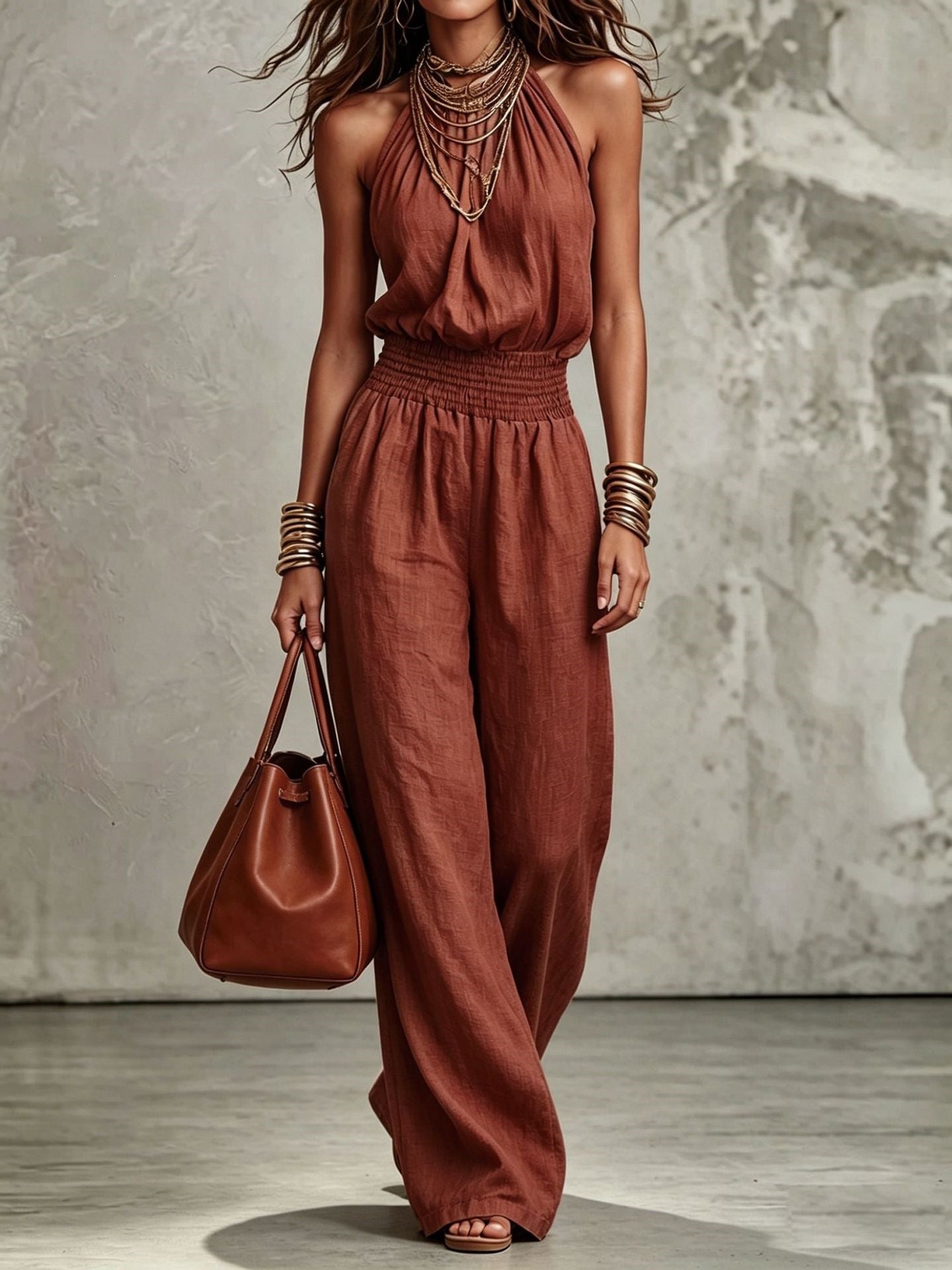 Sleeveless Backless Waist-Tie Halter Wide-Leg Jumpsuit for Women