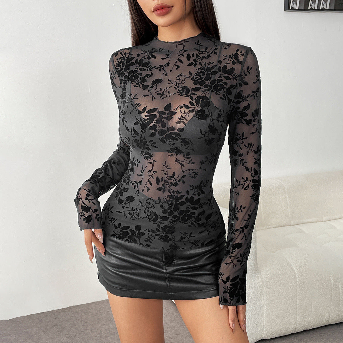 Spring  Style Sexy Transparent Round Neck Mesh Floral Flocking Base Layer Blouse for Women