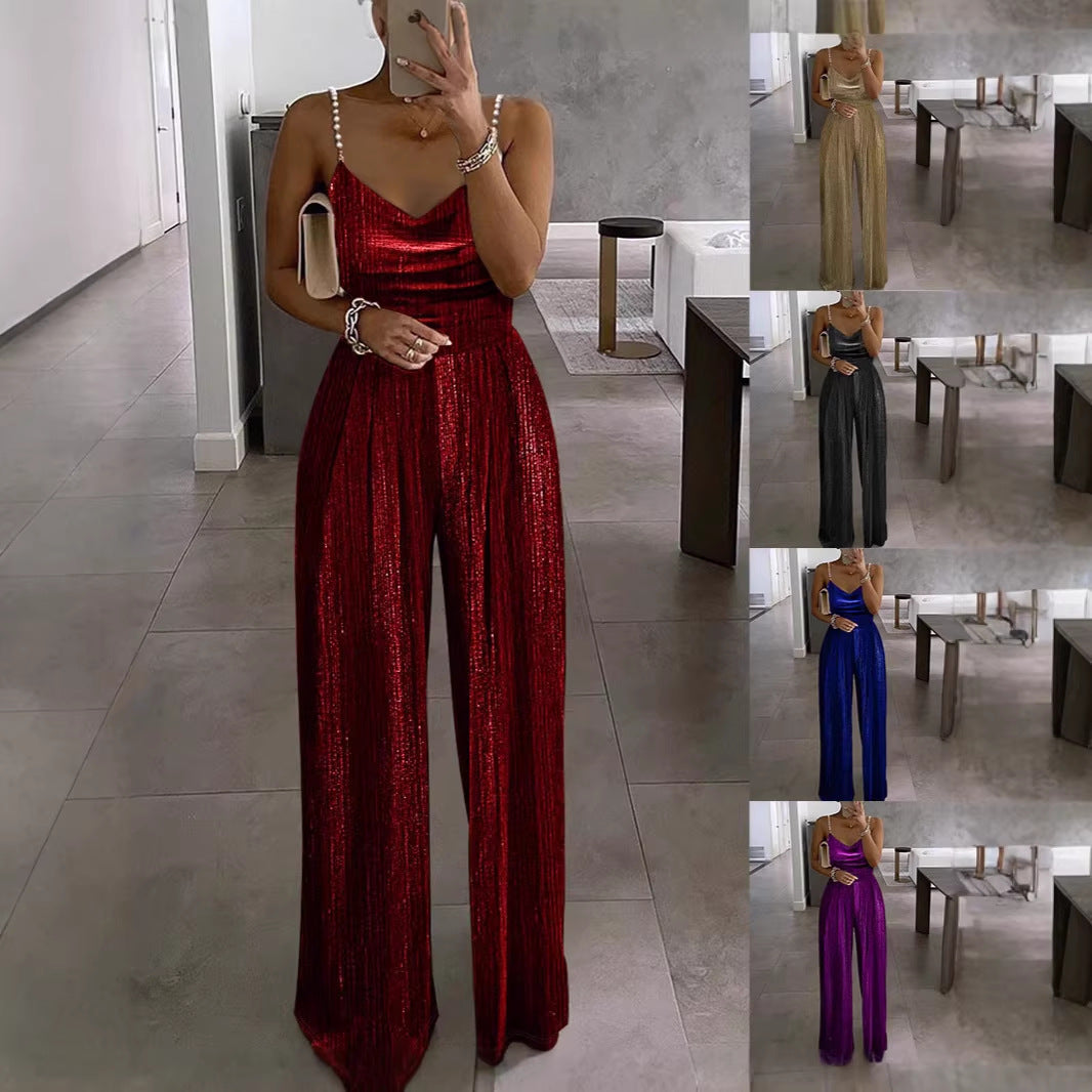 Spring Summer New Women's Fashion Wide Leg Pants, Fitted Waist, Elegant Strap Beaded Jumpsuit