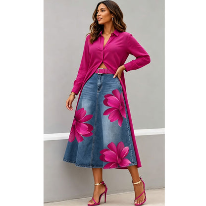 Style Floral Print Washed Denim High Waist Midi Skirt