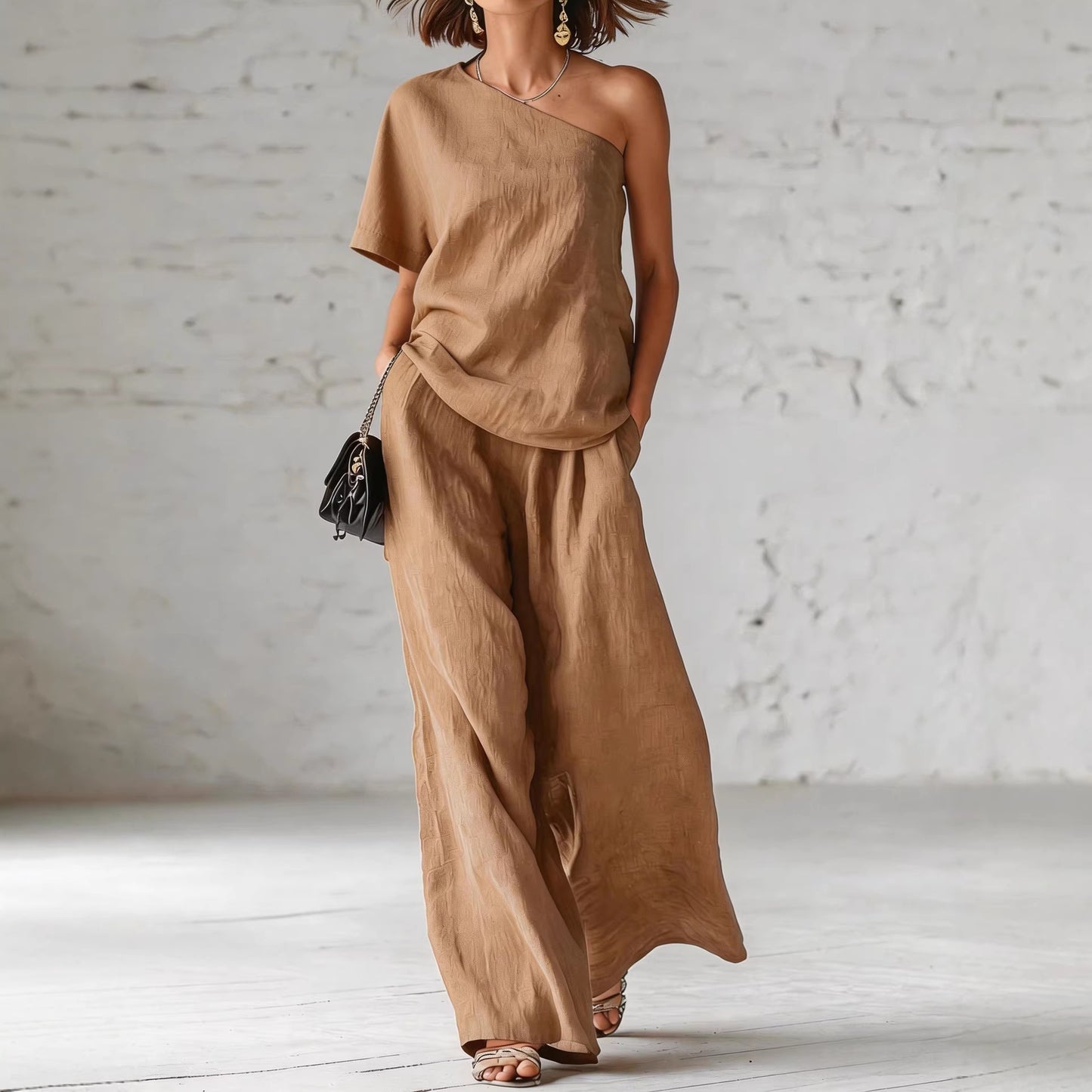 Fashionable Off-Shoulder Top and Wide-Leg Pants Casual Outfit Set